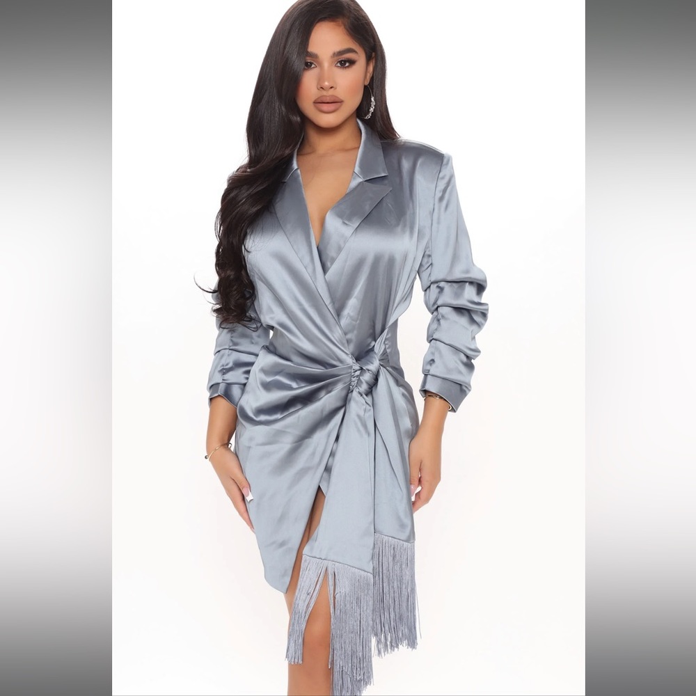 Blue Blazer Dress with Fringe